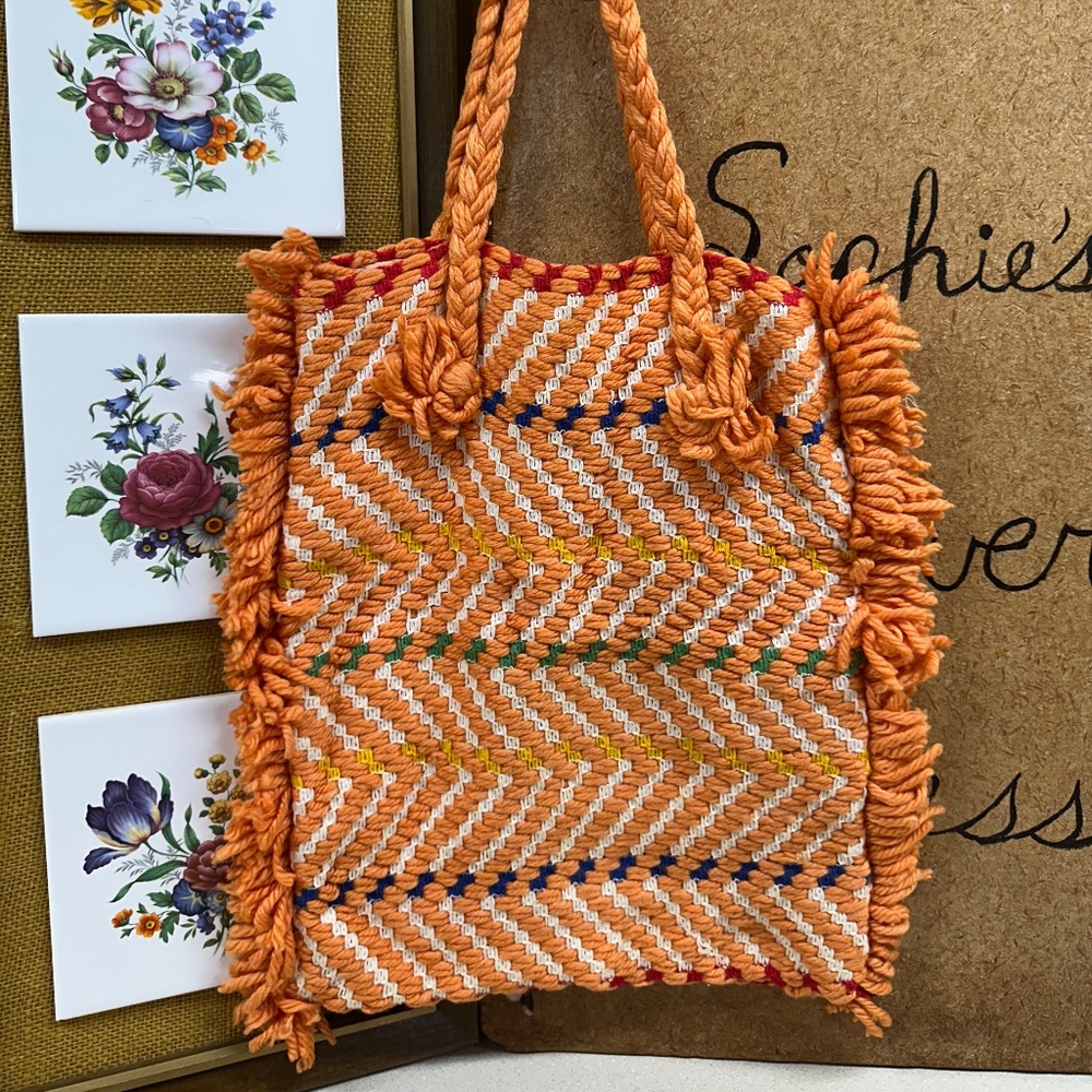 Vintage Bag Handmade Woven Bag Rug Bag Hang Bag Orange Sewing Bag Tote Grocery B